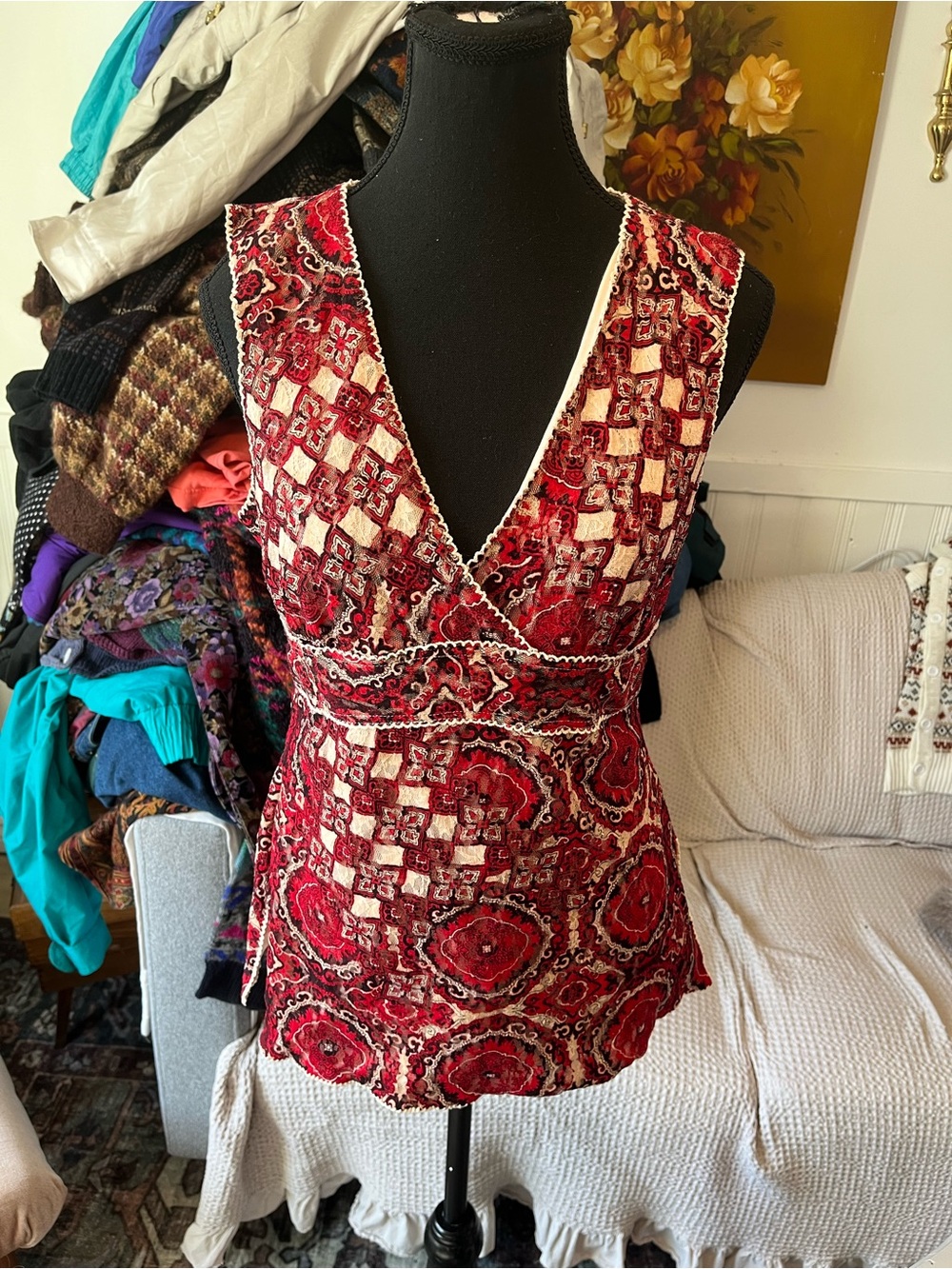 Women's Y2K Red Laced V-Neck Empire Waist Tie Back Top - Size Large